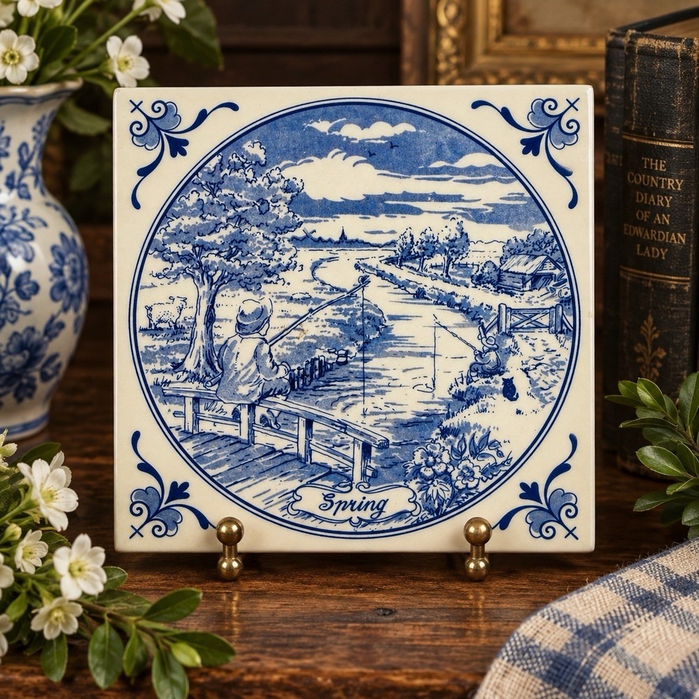 Vintage Delft Holland Spring Blue White Ceramic Tile Trivet Fishing Scene 5.25"